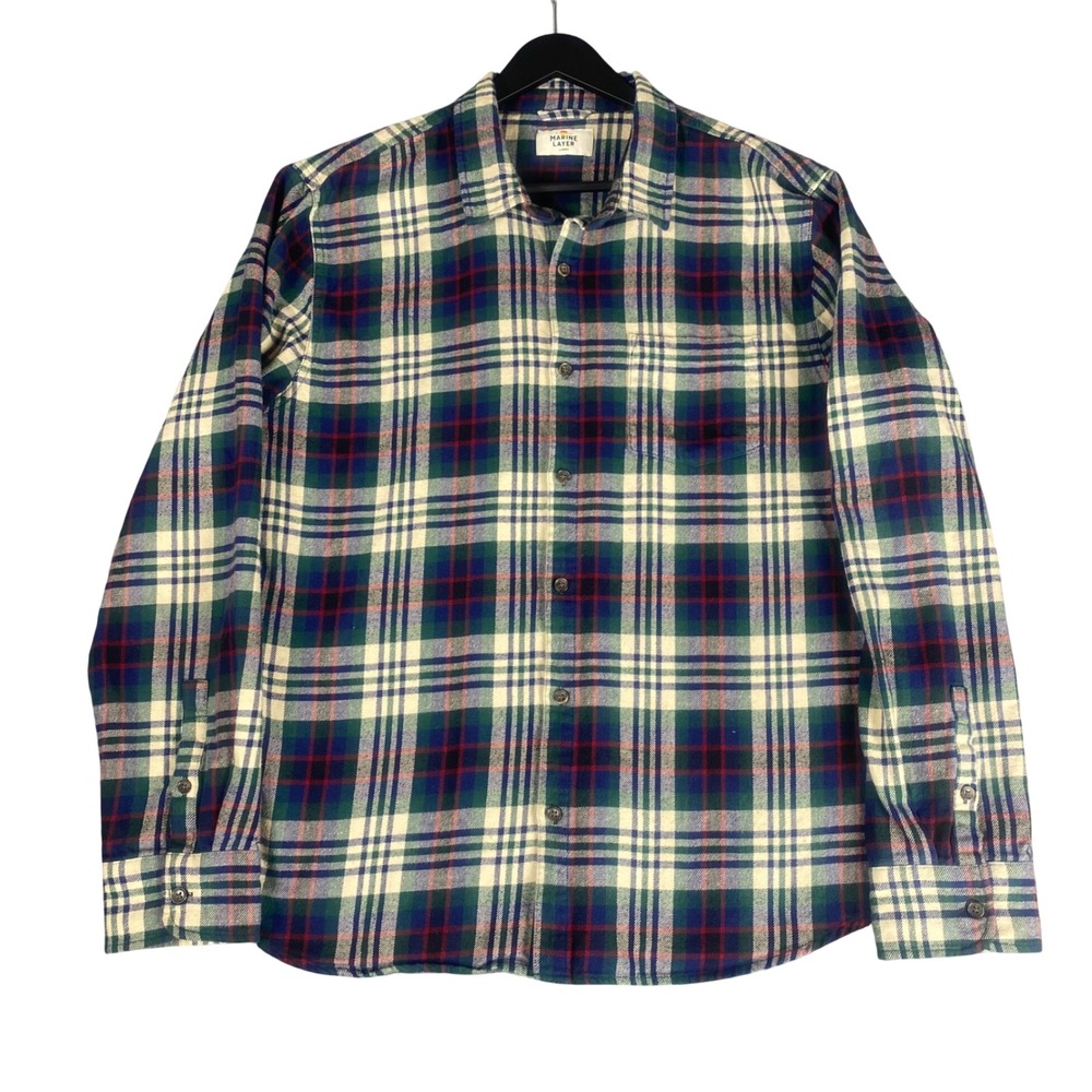 Marine Layer Stretch‎ Selvage Button Down Shirt Mens L Flannel Plaid Blue Green